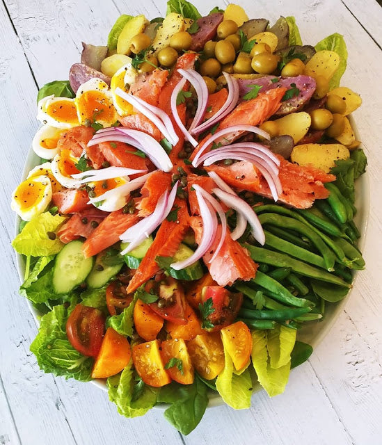 Smoked Salmon Nicoise Salad with Lemon Stuffed Olives