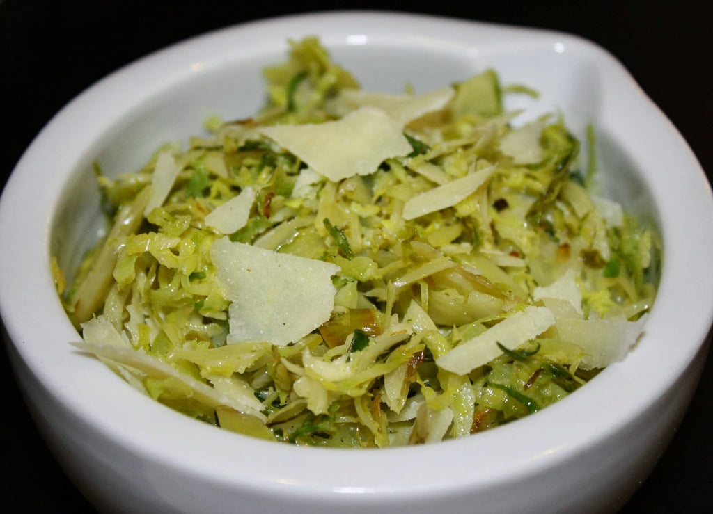 Shaved Brussels Sprouts with Ultra Premium Extra Virgin EVOO, Lemon EVOO & Parmesan Cheese